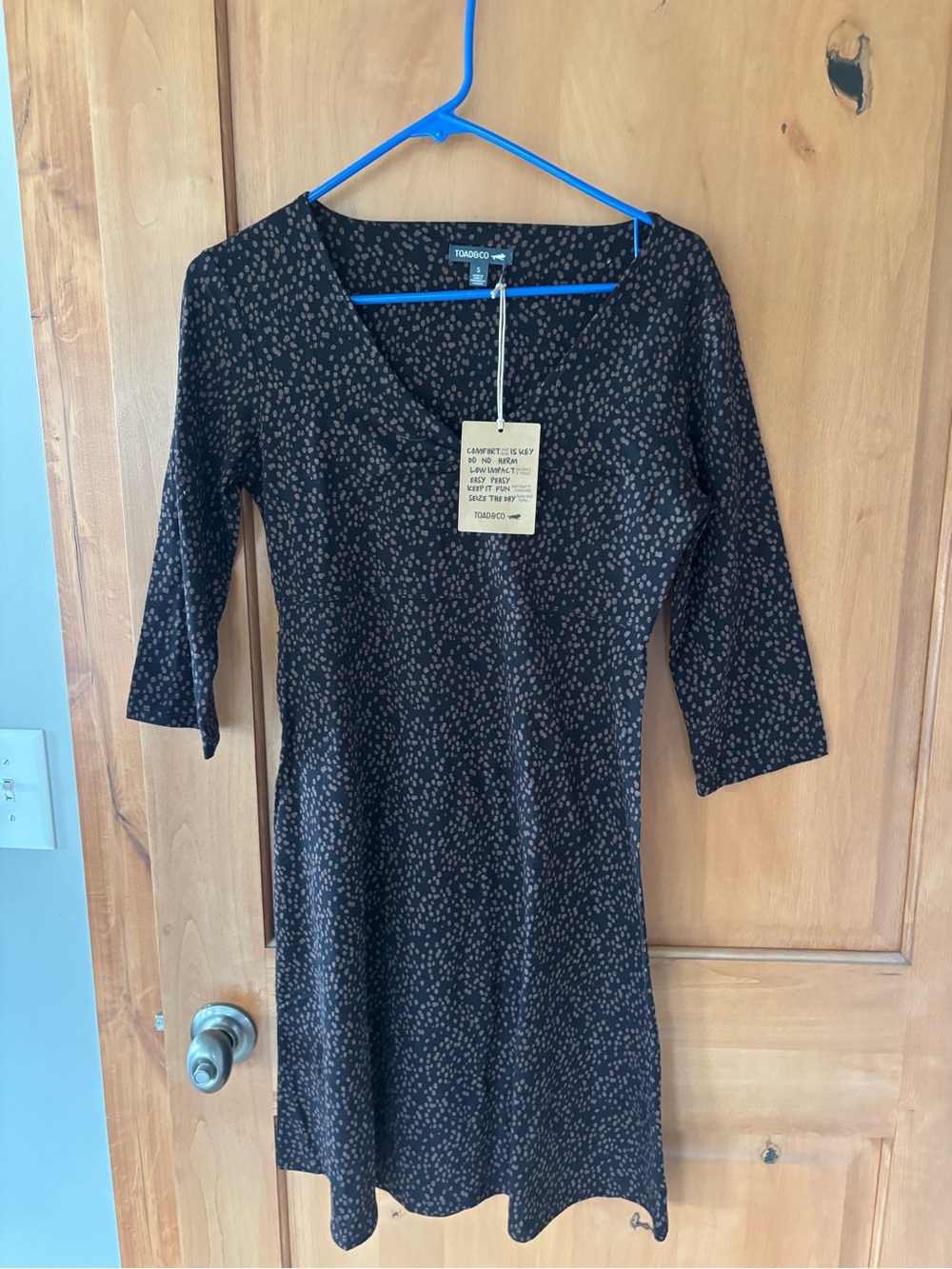 Toad&Co Black Dress with Brown Dot Print V-Neck